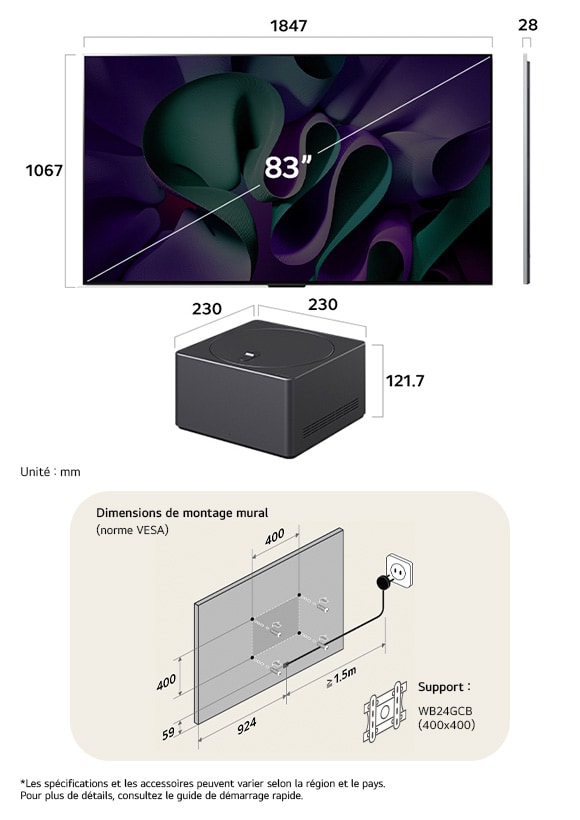 Vue dimensionnelle du LG OLED evo AI M4 4K 83-inch, panel 28 mm, VESA 400x400, Zero Connect Box 230×230×121.7 mm.  