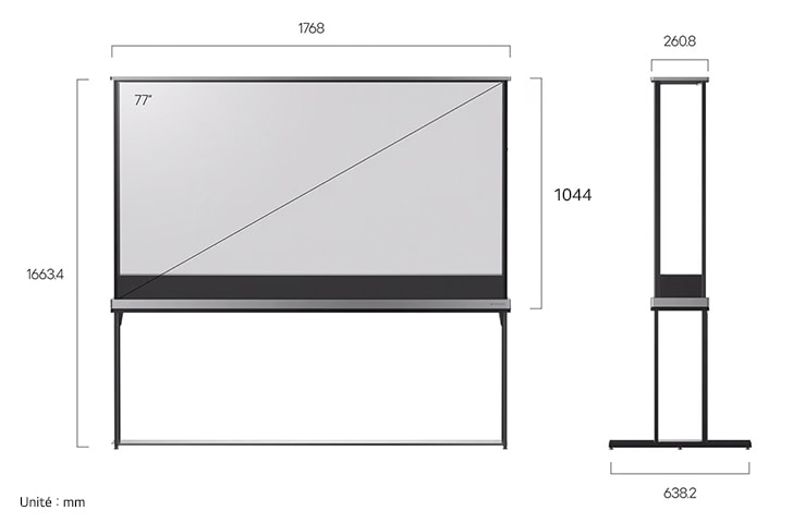 Vue dimensionnelle du LG OLED SIGNATURE AI 4K 77-inch, 1768.2×1663.4×638.2 mm.
