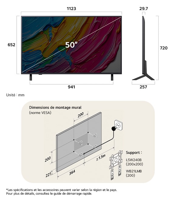 Vue dimensionnelle du LG QNED MiniLED AI QNED80 4K 50-inch, 1123×720×257 mm, panel 29.7 mm, VESA 200x200.          