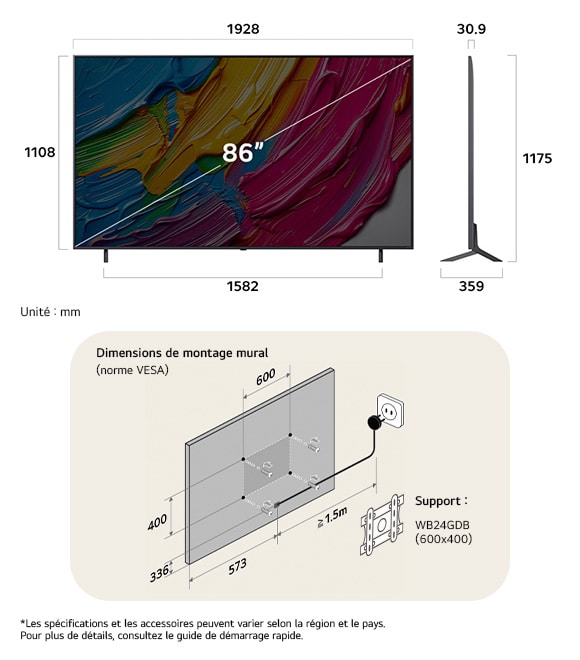 Vue dimensionnelle du LG QNED MiniLED AI QNED80 4K 86-inch, 1928×1175×359 mm, panel 30.9 mm, VESA 600x400.