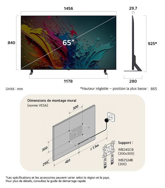 Vue dimensionnelle du LG QNED MiniLED AI QNED85 4K 65-inch, 1456×904×295 mm, panel 29.7 mm, VESA 300x300.          