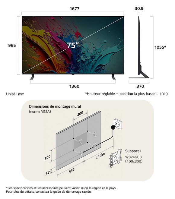 Vue dimensionnelle du LG QNED MiniLED AI QNED85 4K 75-inch, 1677×1032×359 mm, panel 30.9 mm, VESA 400x300.