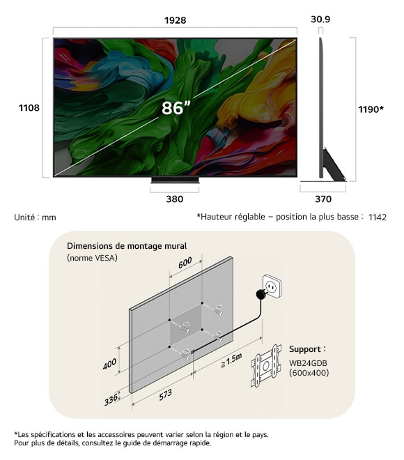 Vue dimensionnelle du LG QNED MiniLED AI QNED86 4K 86-inch, 1928×1190×370 mm, panel 30.9 mm, VESA 600x400, lowest position 1.