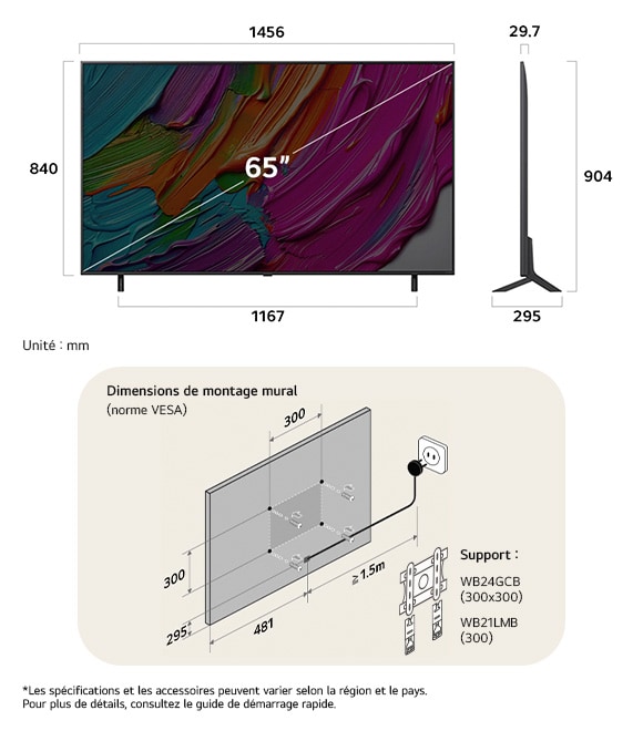 Vue dimensionnelle du LG QNED MiniLED AI QNED8E 4K 65-inch, 1456×904×295 mm, panel 29.7 mm, VESA 300x300.          