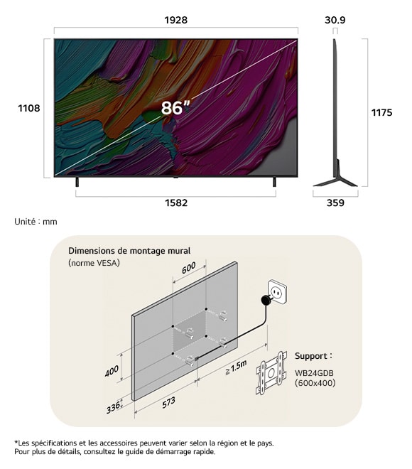 Vue dimensionnelle du LG QNED MiniLED AI QNED8E 4K 86-inch, 1928×1175×359 mm, panel 30.9 mm, VESA 600x400.