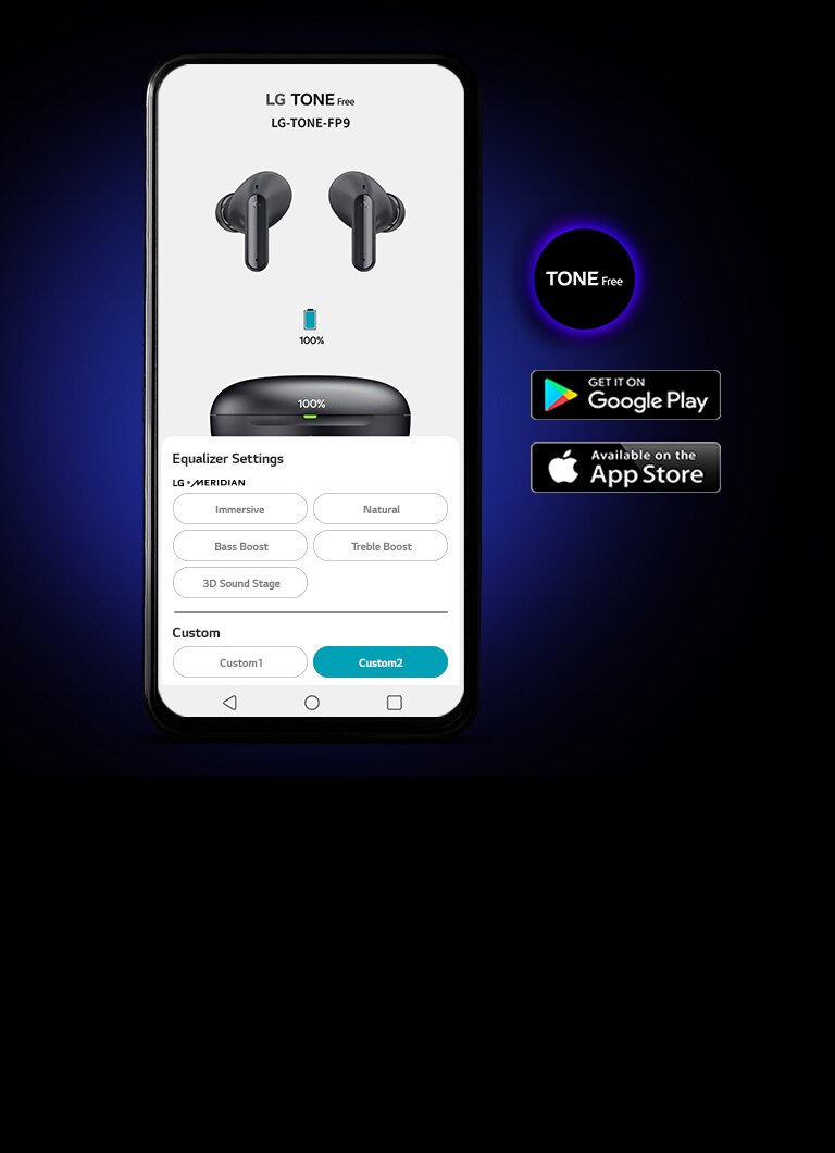 Un smartphone présentant l’application LG TONE Free sur fond noir. Les icônes de l’application s’affichent à droite.
