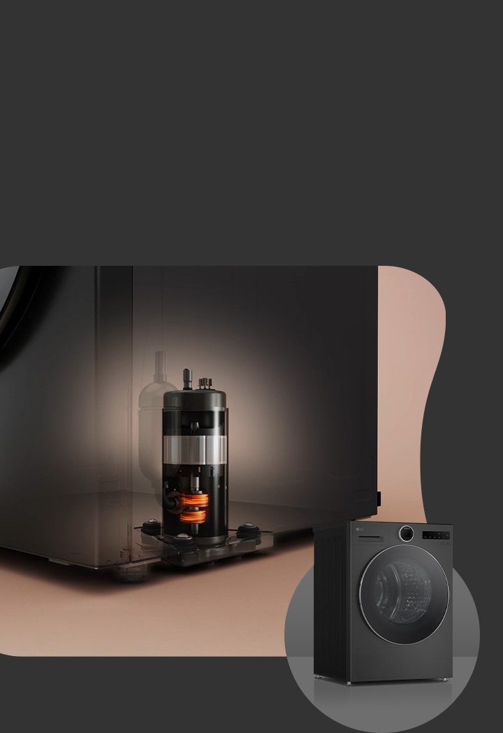 Sèche-linge LG avec vue de coupe montrant AI DUAL Inverter à gauche, et modèle à chargement frontal entièrement sombre à droite