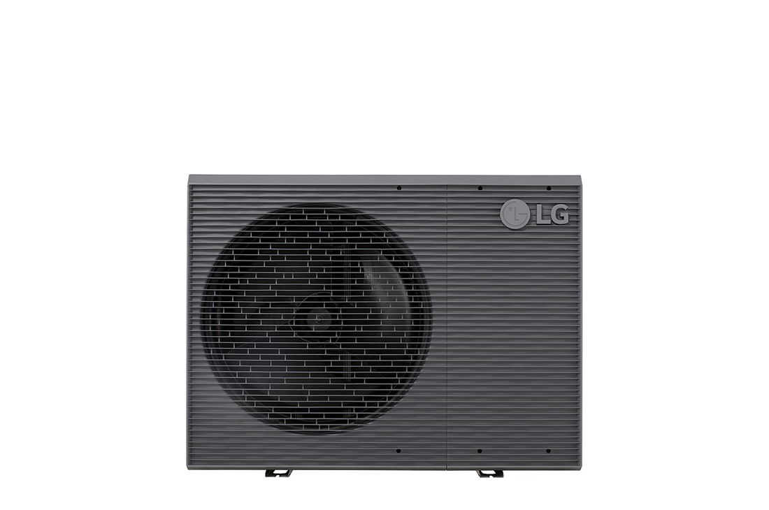 Pompes à chaleur air-eau LG HM121MRS UB40, vue avant d’une unité extérieure noire dotée d’une grille ondulée grise.