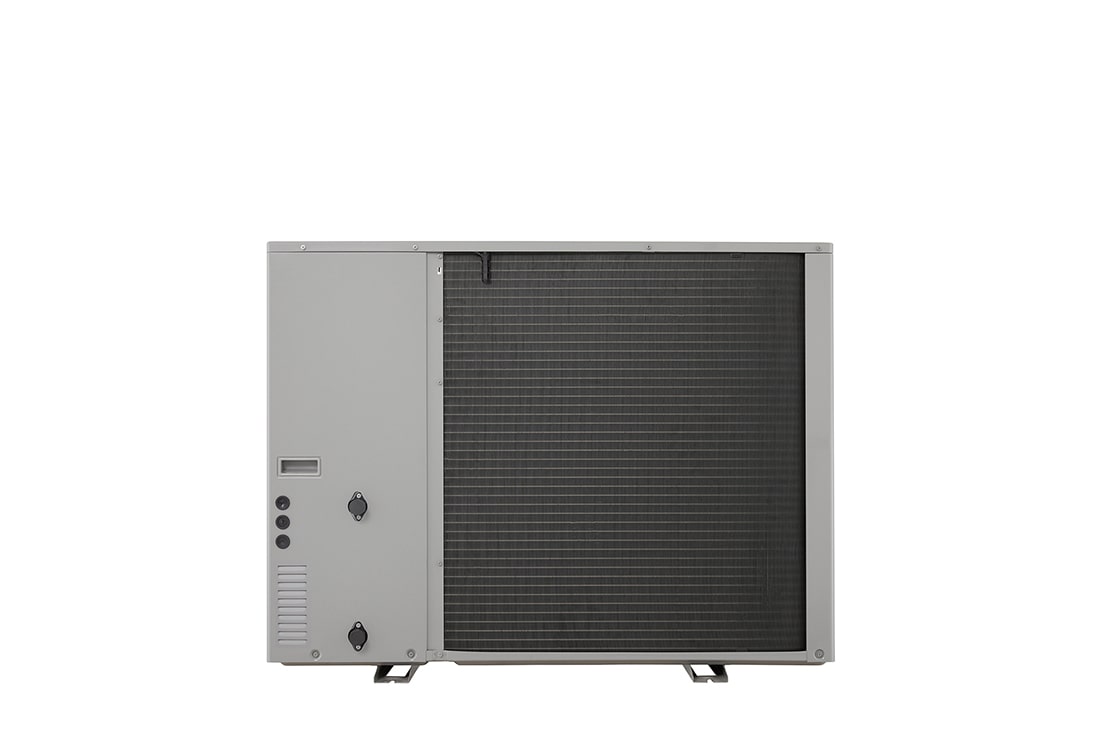 Pompes à chaleur air-eau LG HM121MRS UB40, vue arrière d’une unité extérieure noire dotée d’une grille ondulée grise.