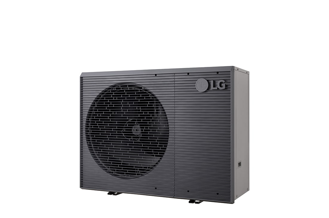 Pompes à chaleur air-eau LG HM121MRS UB40, vue du côté droit d’une unité extérieure noire dotée d’une grille ondulée grise.