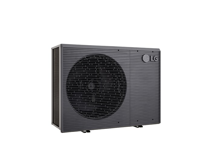 Pompes à chaleur air-eau LG HM121MRS UB40, vue du côté gauche d’une unité extérieure noire dotée d’une grille ondulée grise.
