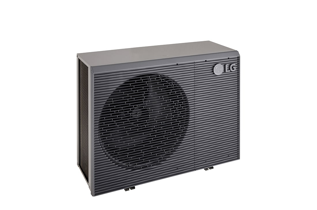 Pompes à chaleur air-eau LG HM121MRS UB40, vue en haut à gauche d’une unité extérieure noire dotée d’une grille ondulée grise.