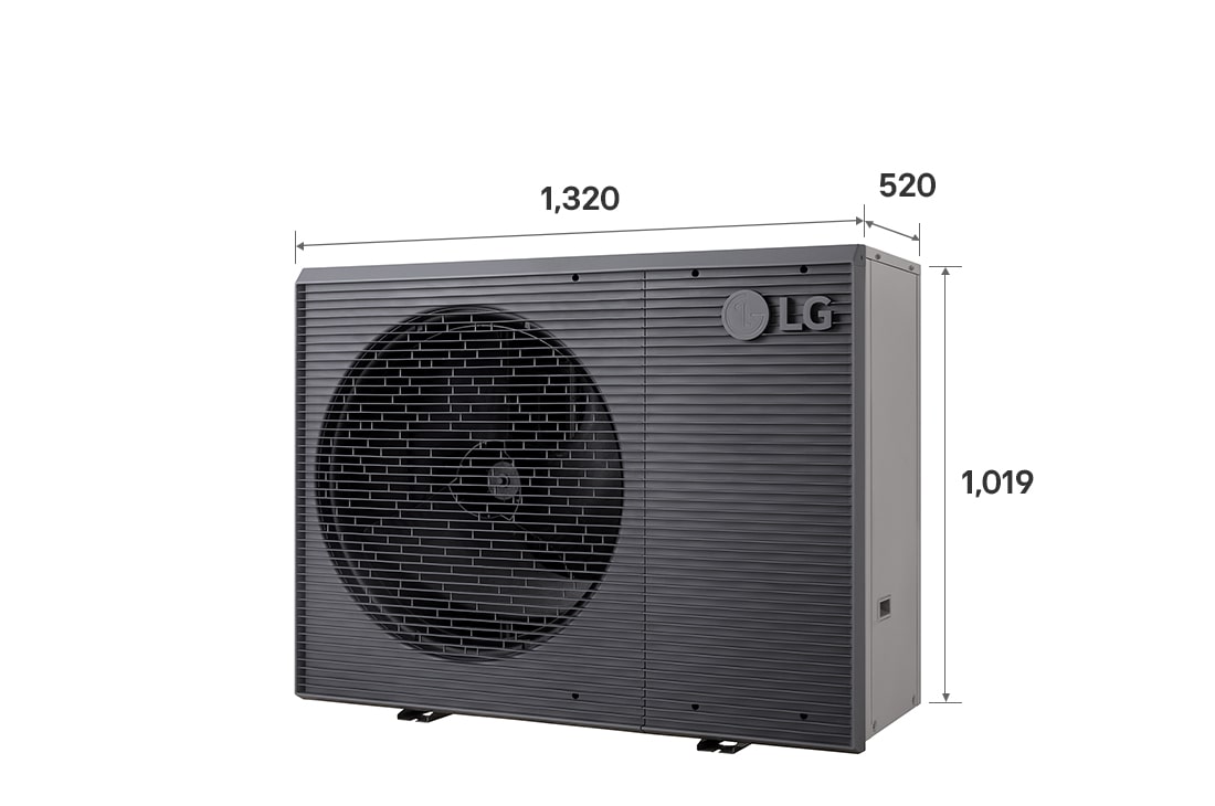 Pompes à chaleur air-eau LG HM121MRS UB40, avec dimensions étiquetées, unité extérieure noire dotée d'une grille ondulée grise.
