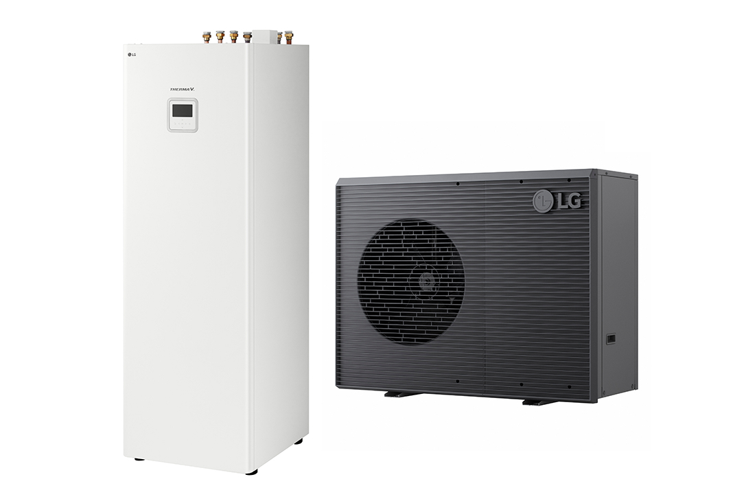 Nouvelle pompe à chaleur air-eau THERMA V LG de couleur noire conçue avec une grille ondulée grise