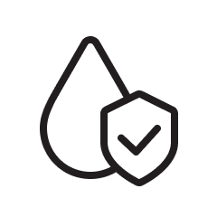 A water droplet icon appears with a shield and check mark in front, indicating protection and safety