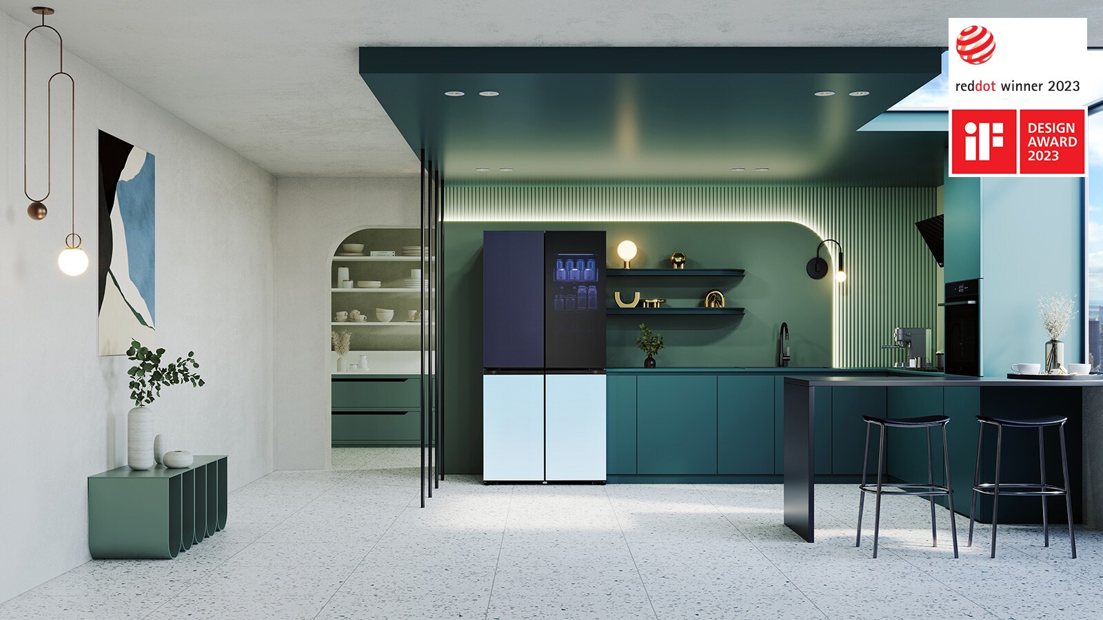 Photographie d'un réfrigérateur LG MoodUP dans une cuisine