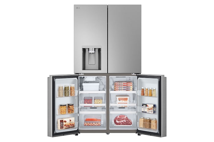 Réfrigérateur Multi-Portes LG GMF960PY2E au fini argenté, présentant le système LG ThinQ™ et le contrôle des réglages à distance via une application mobile.