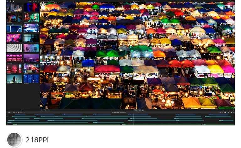 Une photo d'un marché urbain de nuit en train d'être retouchée sur un logiciel