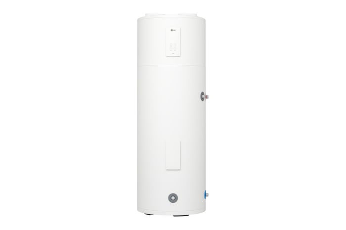 LG Air to Water Heat Pumps HM051MRS UA40, front view of a black outdoor unit featuring a grey wavy grille.