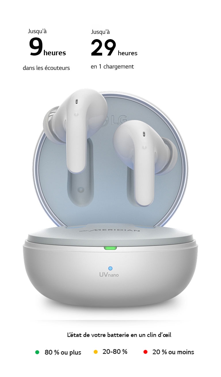 Les écouteurs flottent au-dessus d’un boîtier ouvert qui repose sur le boîtier d’un chargeur sans fil. Placées à côté, des icônes montrent les différentes couleurs affichés par le boîtier de chargement. Le texte « L’état de votre batterie en un clin d’œil » est affiché en dessous. Une lumière verte signifie 80 % ou plus. Une lumière jaune signifie 20-80 %. Une lumière rouge signifie 20 % ou moins.