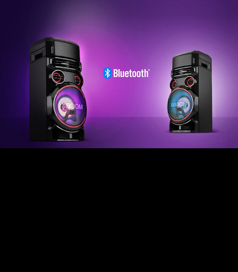 Deux enceintes LG XBOOM se faisant face Ã  des angles en diagonale sur fond violet avec le logo Bluetooth au milieu.