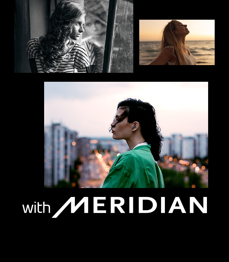 Une image d’une femme regardant par la fenêtre, d'une femme qui écoute de la musique sur la plage au coucher du soleil et d’une femme portant des écouteurs avec la ville en arrière-plan. Le logo de Meridian se trouve à côté de l'image.