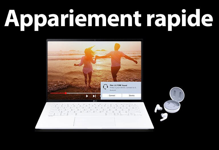 Une image d’un ordinateur portable et de TONE Free placée sous la phrase « Appairaget rapide », et une alerte d’appariement activée sur l’écran ouvert de l’ordinateur portable.