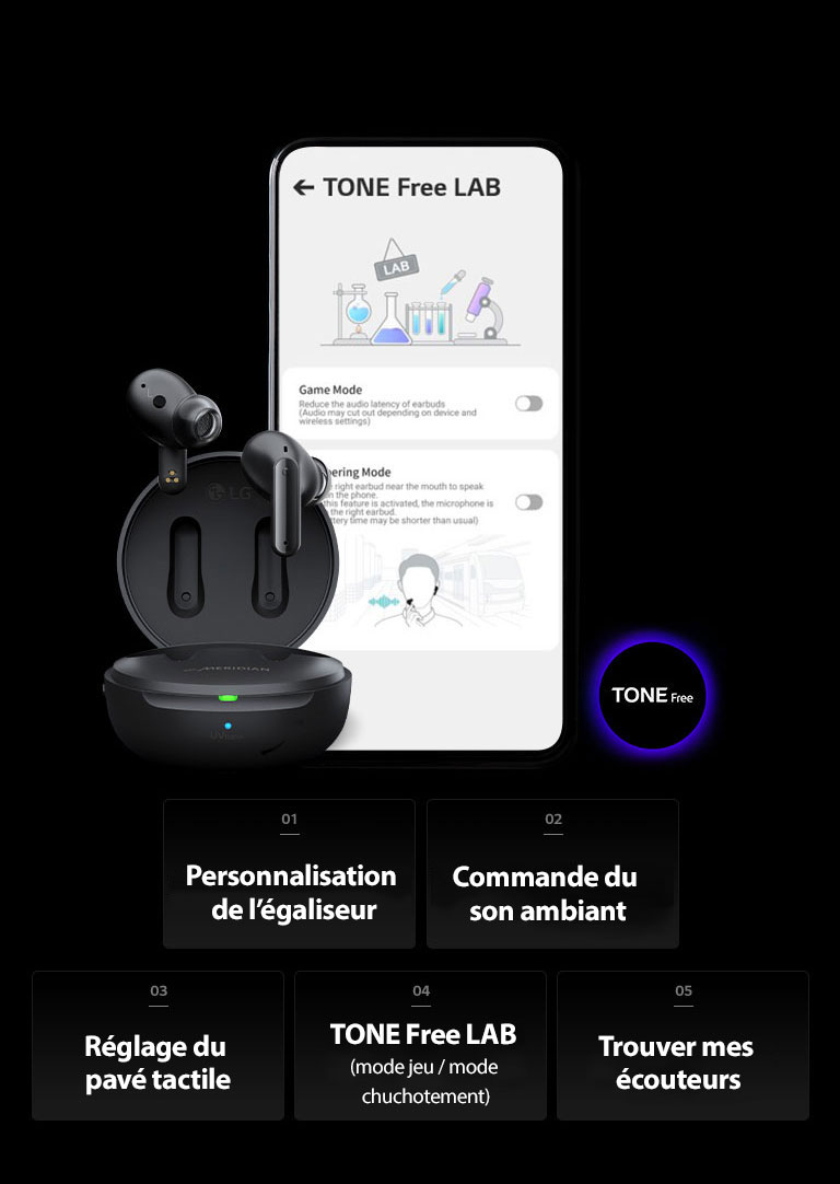 Une image de l’écran du TONE Free LAB sur le téléphone portable et du produit TONE Free placé à côté.