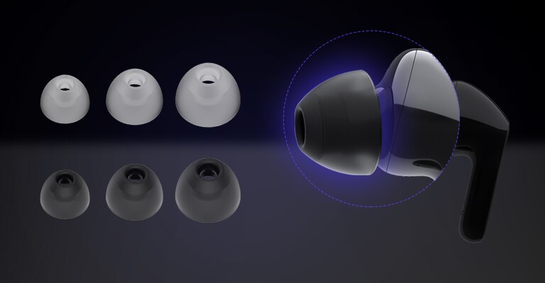 Une image d'un écouteur noir et deux séries de trois gels auriculaires de tailles différentes