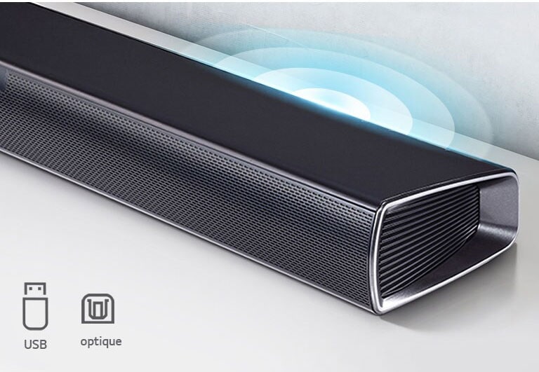La barre de son LG se trouve sur l’étagère blanche. Graphique représentant du son sortant du haut-parleur. Il met en avant les icônes USB et optiques.