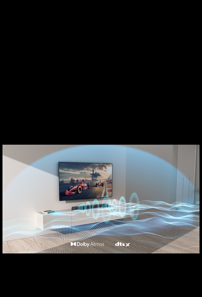 Un téléviseur et la barre de son sont fixés au mur et orientés vers le côté droit de l’image. Des ondes sonores bleues de différentes formes sortent de la barre de son. Une onde sonore bleue en forme de dôme recouvre les appareils.