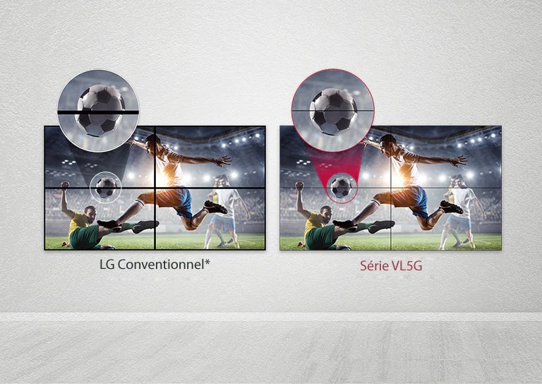 La série VL5G affiche moins de vide d’image entre les écrans en mosaïque par rapport au LG Conventionnel, ce qui rend son contenu bien visible sans être gêné par le vide.
