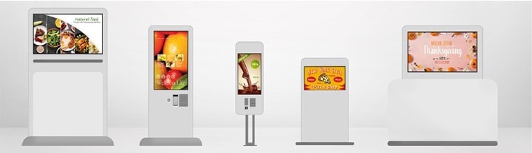 Différents types d'affichages utilisant le TNF5J tels que les affichages publicitaires ou en kiosque sont visibles.