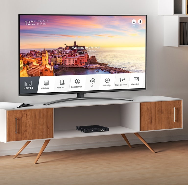 There is a simulated image to show Pro:Centric Set Top Box, STB-6500, installed in the hotel room. The TV connected to STB-6500 provides various information and services to guests.