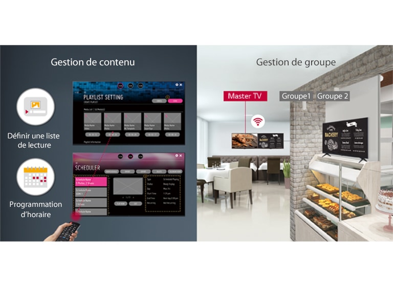 Définissez la liste de lecture et la programmation d’horaire à l’aide d’une télécommande en utilisant facilement la fonction de gestion de contenu intégrée à l’écran. La gestion de groupe est supervisée sur les écrans Master, Groupe 1 et Groupe 2.