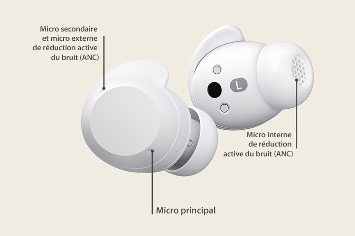 Une paire de xboom Buds blancs pour illustrer les 3 microphones qu’il possède.