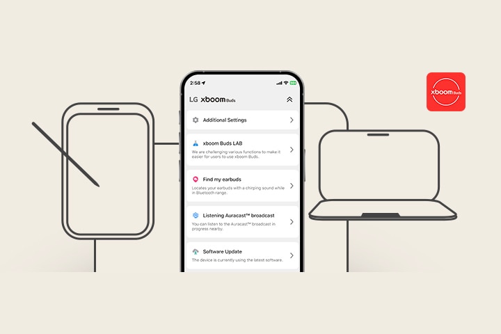 Au centre se trouve un téléphone portable montrant les différents menus de l’application xboom Buds et à côté du téléphone portable des dessins d’une tablette, d’un ordinateur portable et d’autres appareils.