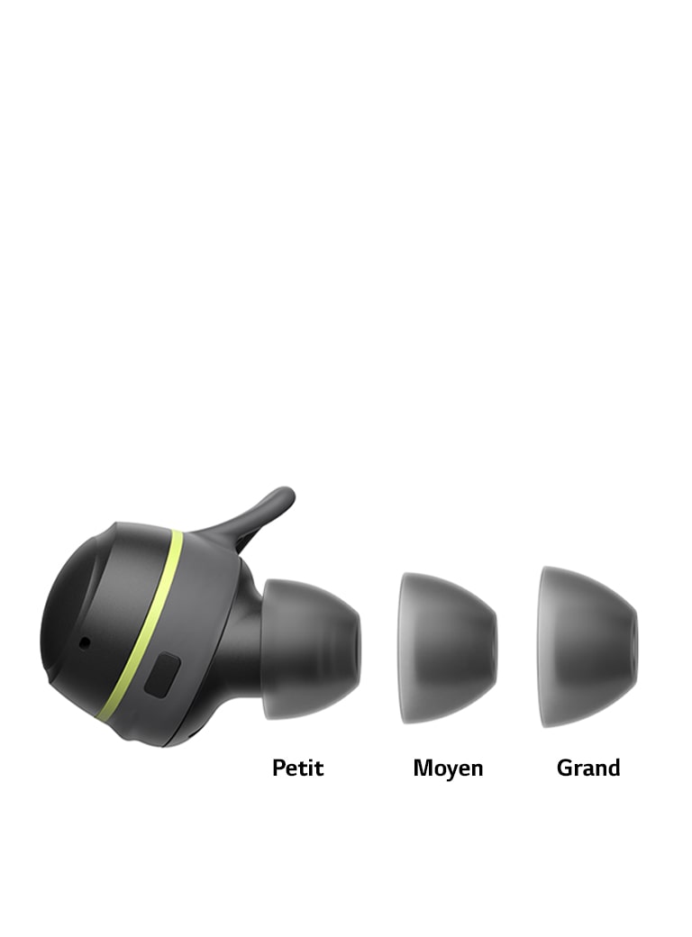 Vue latérale d’un écouteur TONE Free fit aux côtés des trois tailles – Petit, Moyen et Grand – proposées.