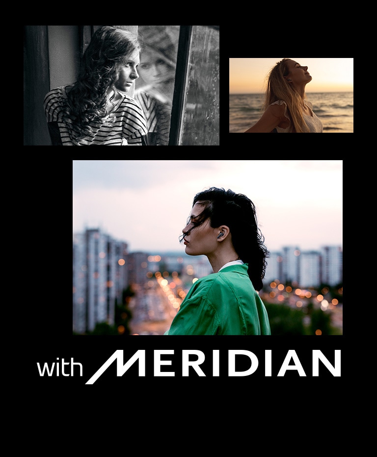 Une image d'une femme regardant par la fenêtre, d'une femme qui écoute de la musique sur la plage au coucher du soleil et d'une femme portant des écouteurs avec la ville en arrière-plan. Un logo meridian se trouve à côté de l'image.