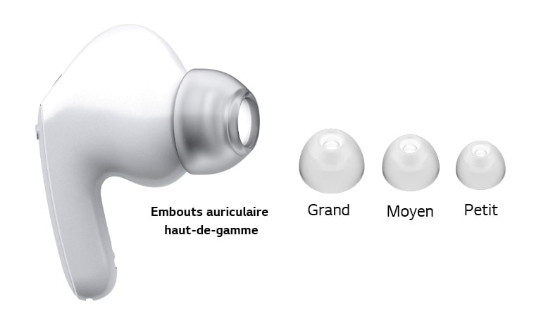Image des écouteurs blancs et d'un ensemble de 3 tailles de gels auriculaires : Grand, moyen et petit.