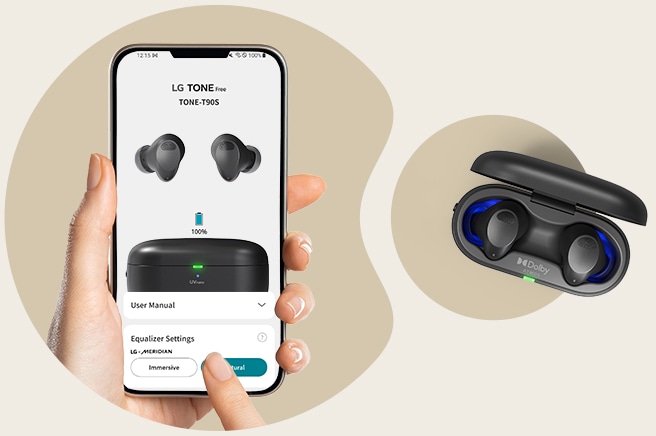 Une image de l'application TONE Free. La vue du dessus du T90S est placée juste à côté. 
