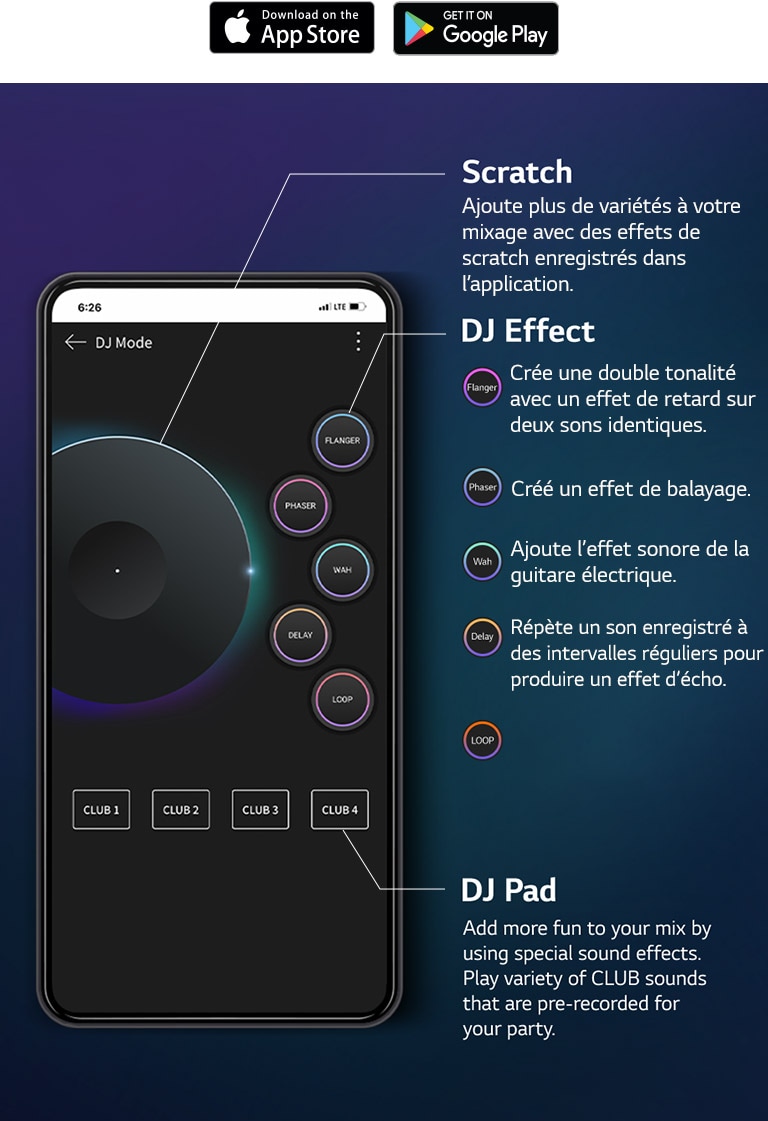 Pour expliquer le son émis par l’appareil comme s’il s’agissait d’un DJ via l’application XBOOM, l’image de la main tenant le téléphone avec l’écran de l’application DJ allumé et les fonctions énumérées à côté.