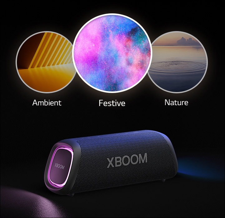 La LG XBOOM Go XG5 émettant de la lumière violette est placée sur le sol Au-dessus de l’enceinte sont affichés les trois modes de Light Studio : Ambiante, Nature et Festive.