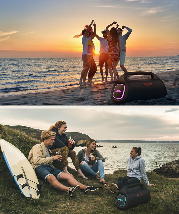 Une ligne est placée sous le texte dans un souci de mise en page. Deux images sont placées sous le texte. Depuis la gauche, un groupe de personnes danse alors que la LG XBOOM Go XG9 est posée sur le sable et émet une lumière rose. Sur la droite, un groupe de jeunes personnes passe un bon moment près de la plage. La LG XBOOM Go XG9 émettant de la lumière cyan est posée sur l’herbe