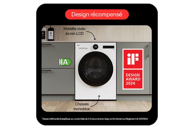 Machine à laver LG blanche avec design récompensé, mise en évidence par un cadre rouge sur fond gris