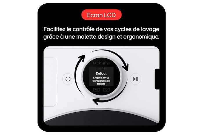 Un gros plan sur le panneau de commande d'une machine à laver moderne, dominé par un écran LCD central et une molette rotative ergonomique.