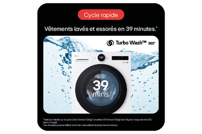 Lave-linge LG blanc avec TurboWash 360°, affichant "39 mins"