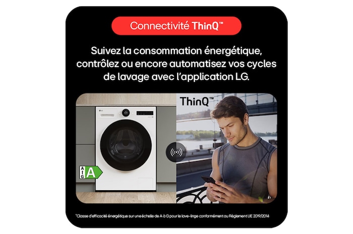 LG avec connectivité ThinQ, permettant de suivre la consommation d'énergie et de contrôler les cycles via l'application.