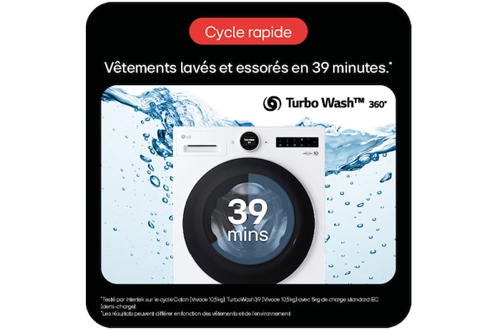Publicité LG pour une lave-linge Turbo Wash™ 360°, mettant en avant un cycle rapide de lavage et d’essorage en 39 minutes.