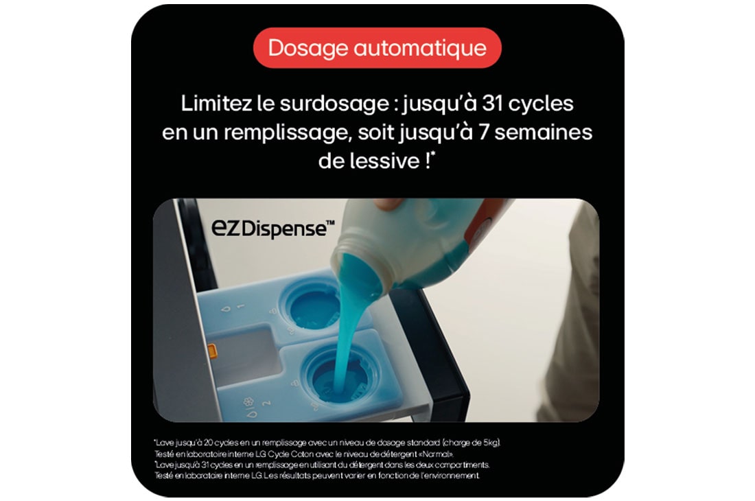 Système de dosage automatique EZDispense™ pour machine à laver, limitant le surdosage jusqu'à 31 cycles ou 7 semaines de lessive.